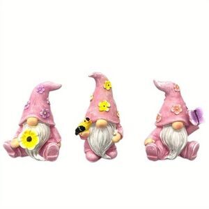 Set of 3 Summer Nisse Gnome Figurine Pink Hats with Flowers Garden Shelf Decor